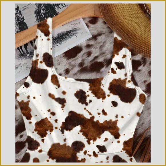 Cow Print Mini Dress – Sleeveless – White & Brown – Size M - Picture 3 of 8